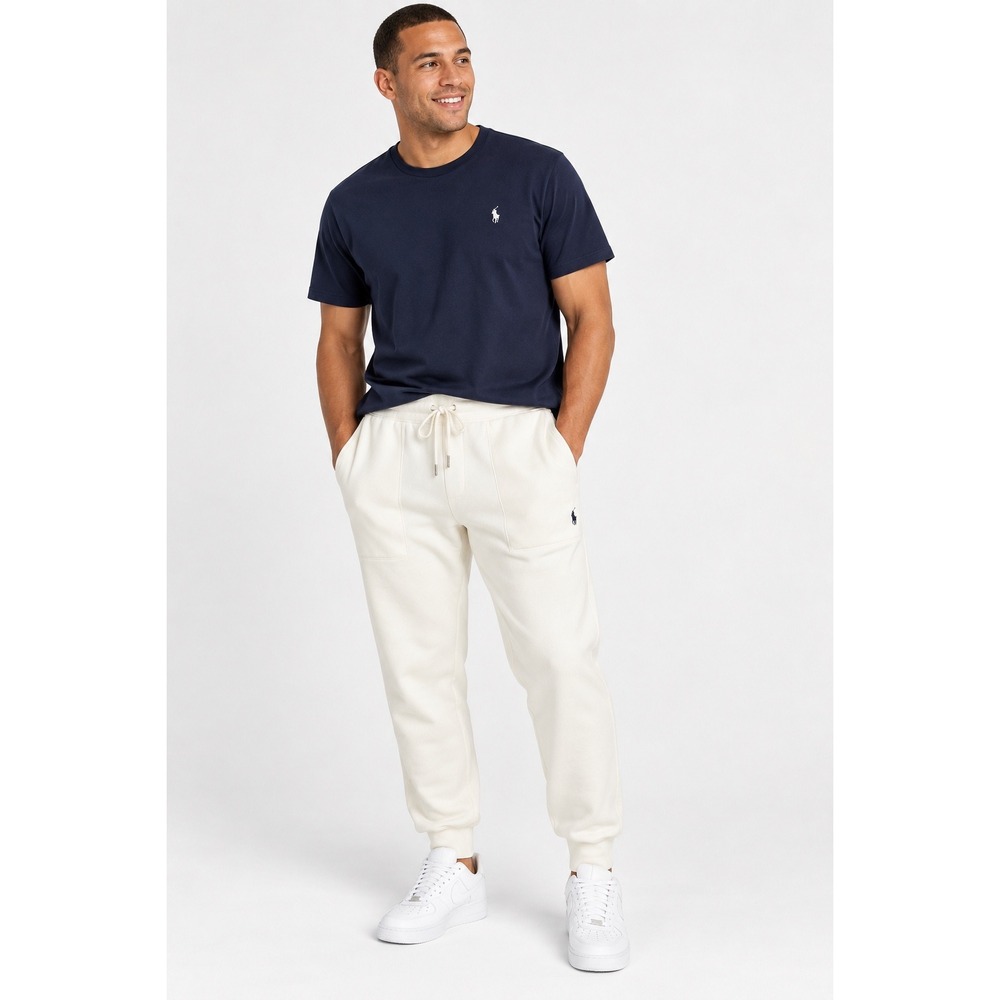 Polo Ralph Lauren Mens XL Cream White Fleece Jogger Sweatpants Navy Pony Logo